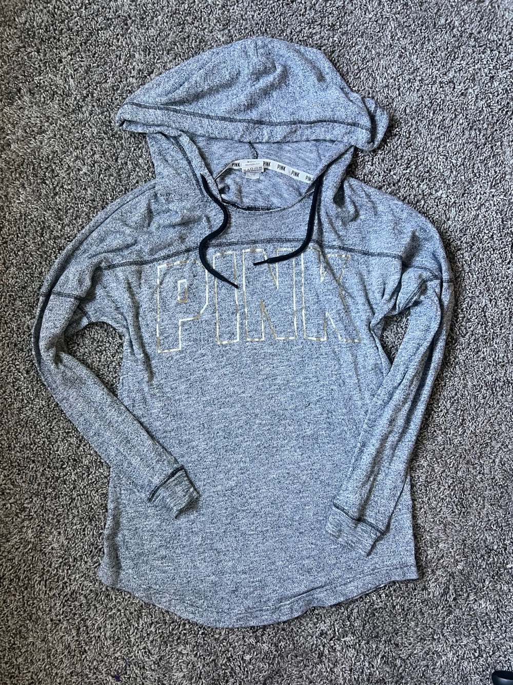PINK Victoria's Secret Heather Gray Hooded Pullover with Gold Trim Logo
